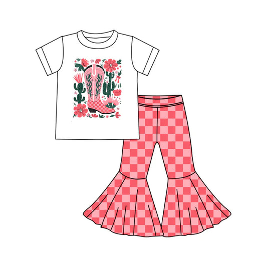 Preorder (moq 5)Baby Girls Western Pink Boots Flowers Top Checkered Bell Bottom Pant Sets 5.26