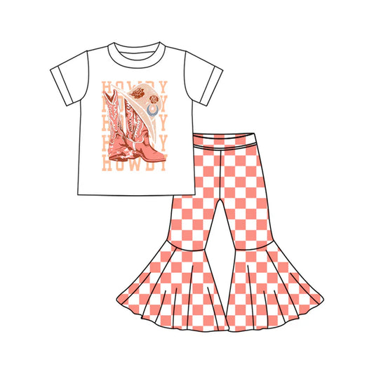 Preorder (moq 5)Baby Girls Western Howdy Boots Top Checkered Bell Bottom Pant Sets 5.24