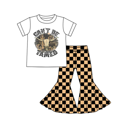 Preorder (moq 5)Baby Girls Western Can't Be Tamed Top Checkered Bell Bottom Pant Sets 5.24