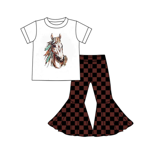 Preorder (moq 5)Baby Girls Western Horse Top Brown Checkered Bell Bottom Pant Sets 5.24