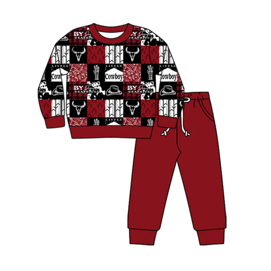 Preorder (moq 5)Baby Girls Long Sleeves Cowboy Red Western Top Pant Clothes Sets 5.29