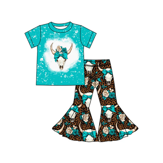 Preorder (moq 5)Baby Girls Western Cow Skull Bow Top Bell Bottom Pant Sets 5.24