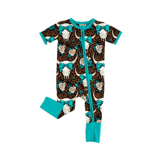 Preorder (moq 5)Baby Girls Western Cow Skull Bow Zipper Rompers 5.24