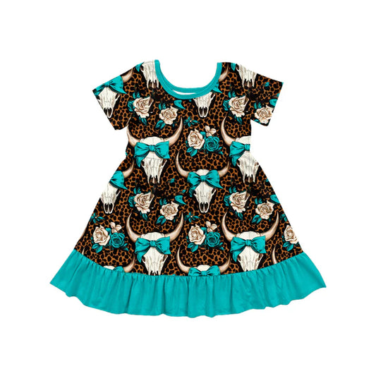 Preorder (moq 5)Baby Girls Western Cow Skull Bow Knee Length Dresses 5.24