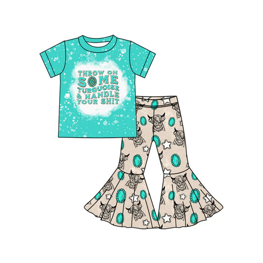 Preorder (moq 5)Baby Girls Western Throw On Turquoise Top Bell Bottom Pant Sets 5.24