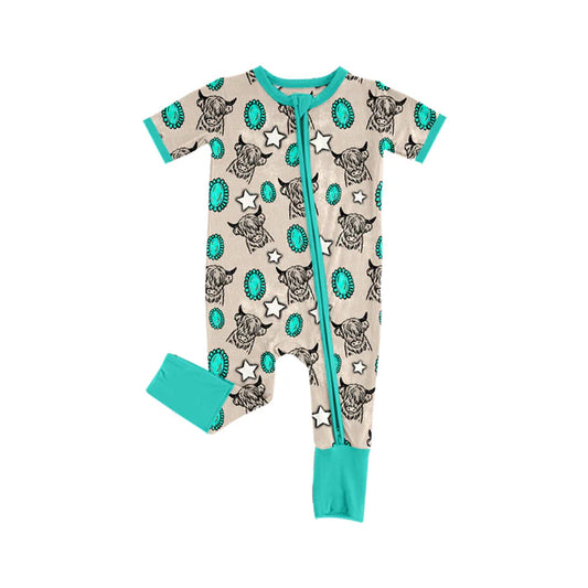 Preorder (moq 5)Baby Girls Western Cow Turquoise Zipper Rompers 5.24