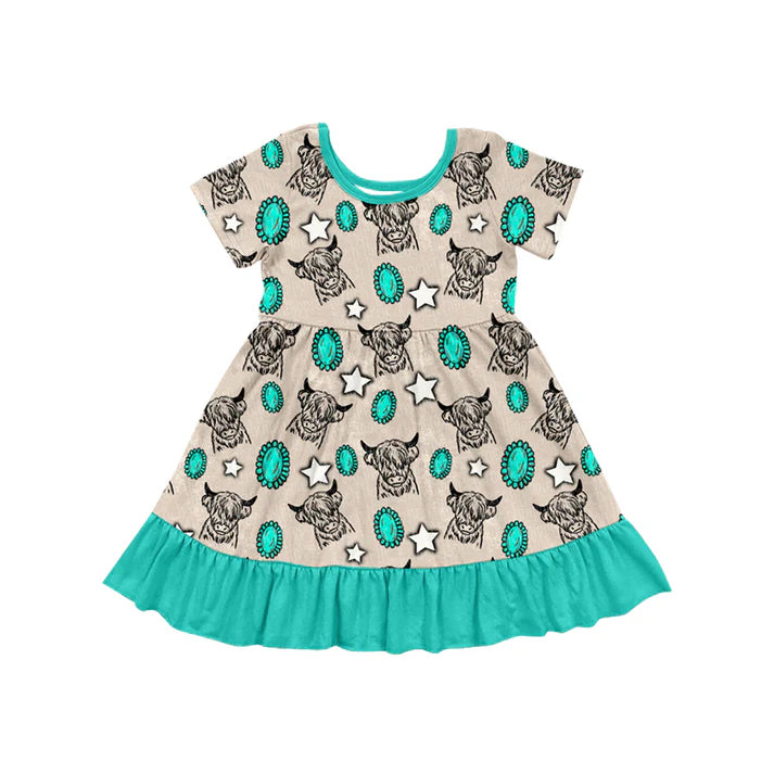 Preorder (moq 5)Baby Girls Western Turquoise Cow Knee Length Dresses 5.24