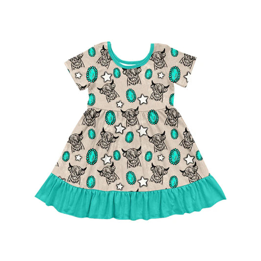 Preorder (moq 5)Baby Girls Western Turquoise Cow Knee Length Dresses 5.24