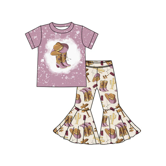 Preorder (moq 5)Baby Girls Western Purple Boots Top Bell Bottom Pant Sets 5.24