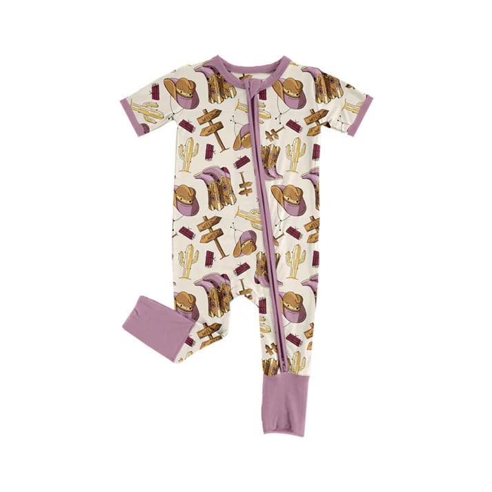 Preorder (moq 5)Baby Girls Western Western Purple Boots Zipper Rompers 5.24