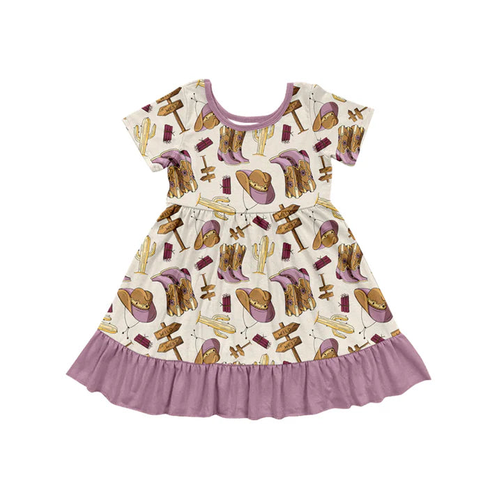 Preorder (moq 5)Baby Girls Western Purple Boots Knee Length Dresses 5.24