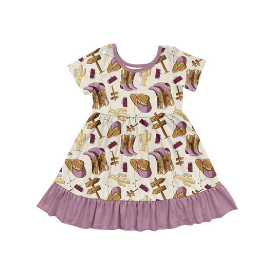 Preorder (moq 5)Baby Girls Western Purple Boots Knee Length Dresses 5.24