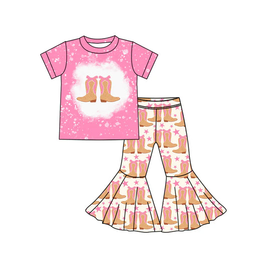 Preorder (moq 5)Baby Girls Western Pink Boots Stars Top Bell Bottom Pant Sets 5.24