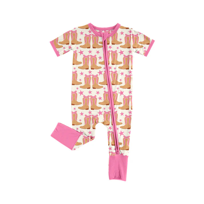 Preorder (moq 5)Baby Girls Western Pink Boots Stars Zipper Rompers 5.24
