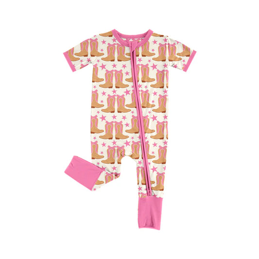 Preorder (moq 5)Baby Girls Western Pink Boots Stars Zipper Rompers 5.24