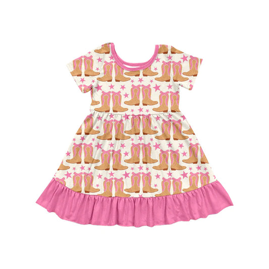 Preorder (moq 5)Baby Girls Western Pink Boots Stars Knee Length Dresses 5.24
