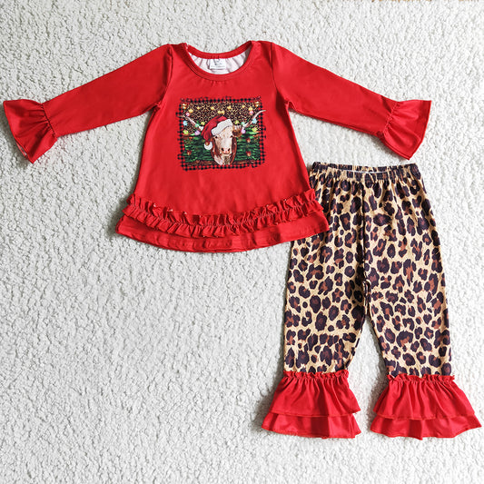 Christmas Cow Print Girls Clothing Leopard Pants Set GLP0343