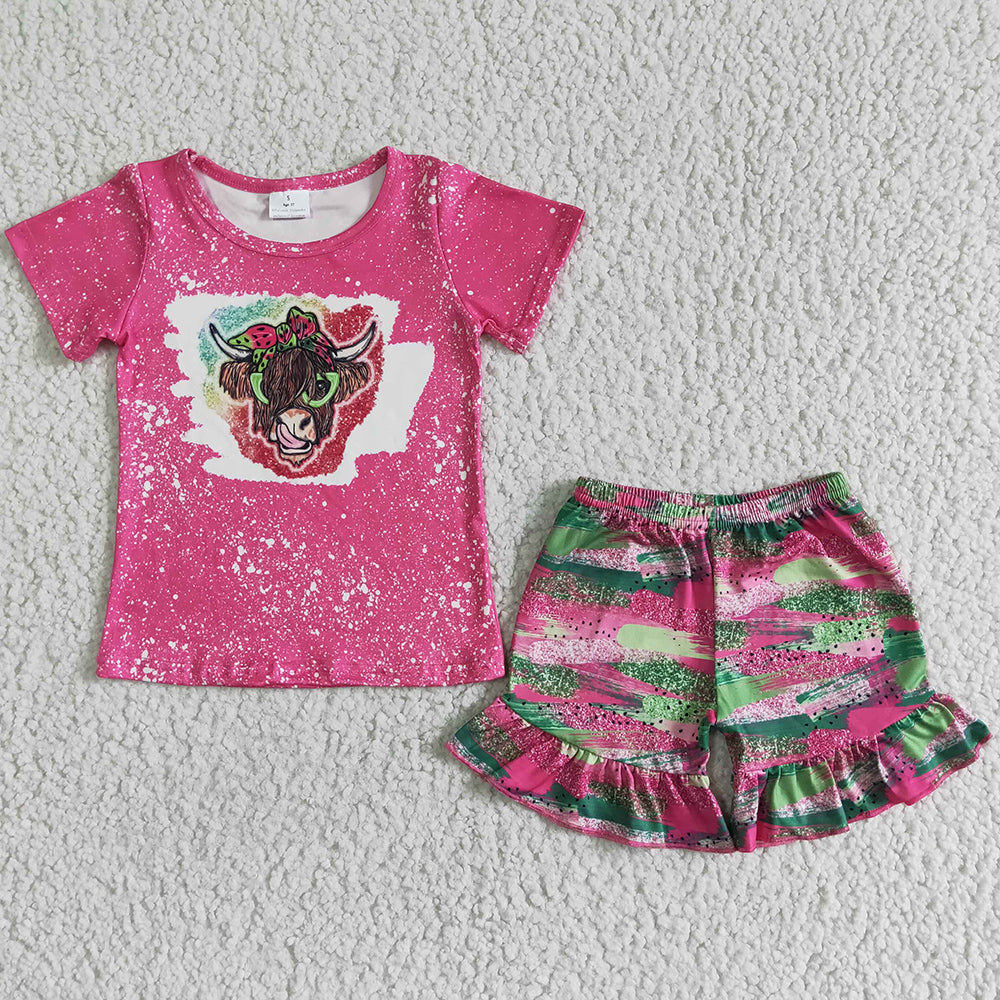 Cow Print Cute Girls Summer Clothes Set Short Sleeve Shorts Boutique Baby Girls Clothing Outfits GSSO0074