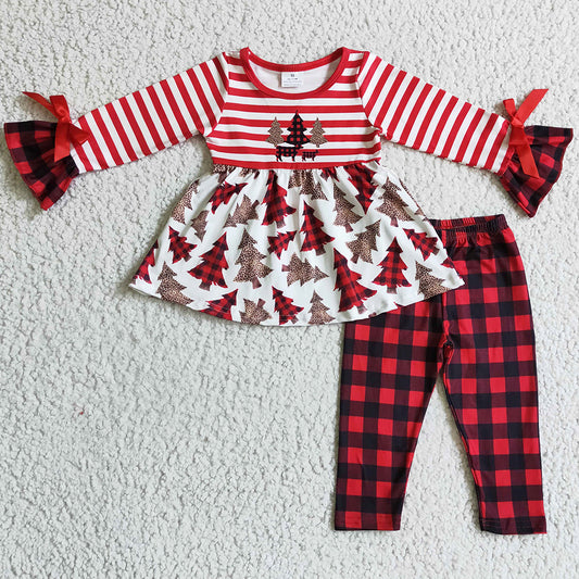 Christmas Tree Print Girls Clothing Tunic Top Pants Set GLP0084