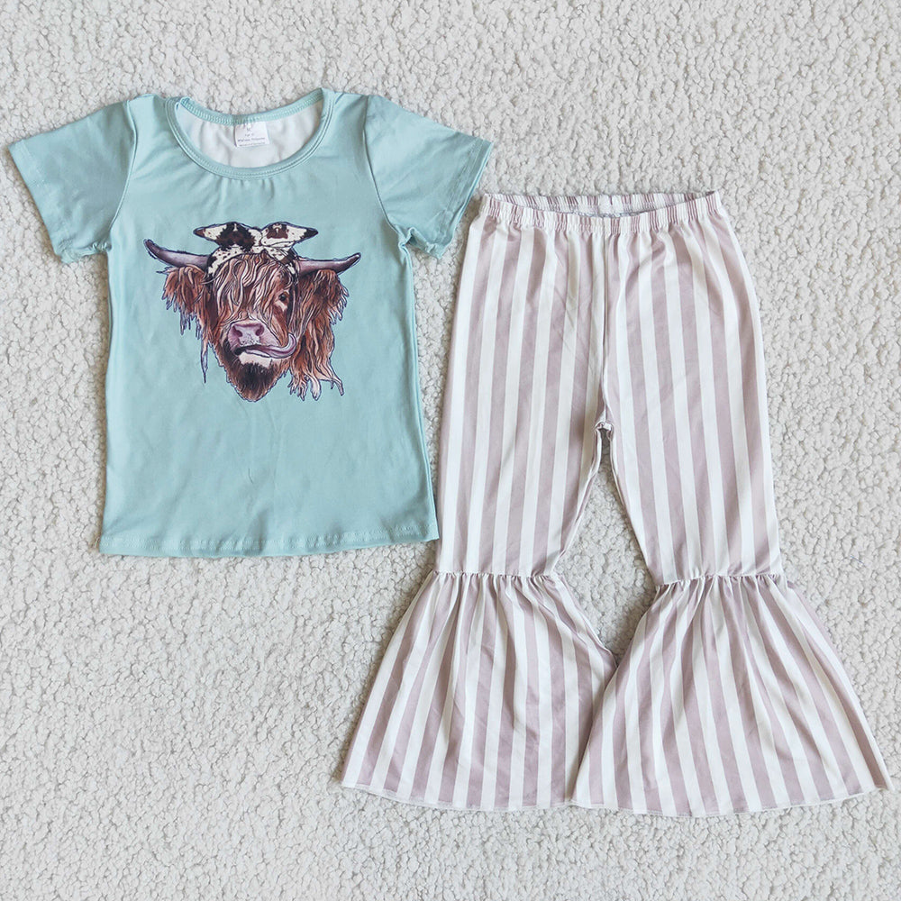 Hot Sale Baby Girl Clothes Fashion Cow Print Kids Designer Clothes Girls Bell Pants Sets Wholesale Girls Clothing D2-20