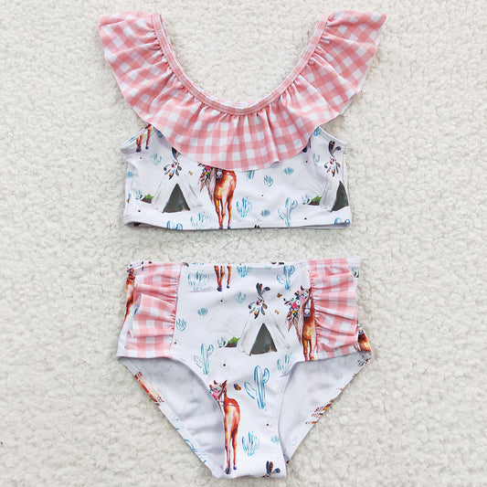 Baby Girls Swimsuit Western Horse Ruffle Two Pieces Swimsuits S0117