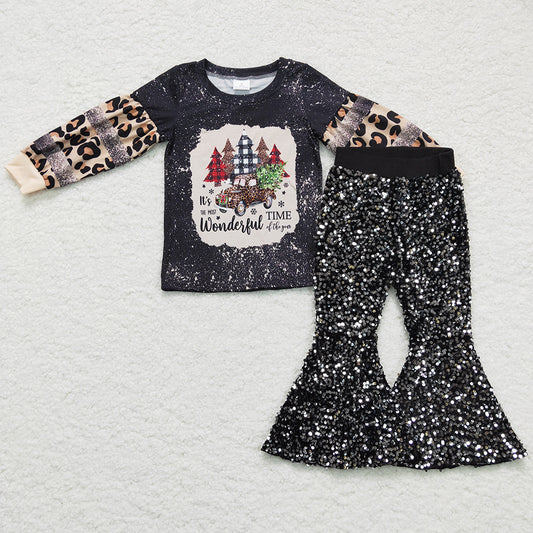 Hot Sale Baby Girl Clothes Merry Christmas Outifts Girl Outfits Boutique Hoodie Top Sequins Bell Pants Set E5-30 BT0037