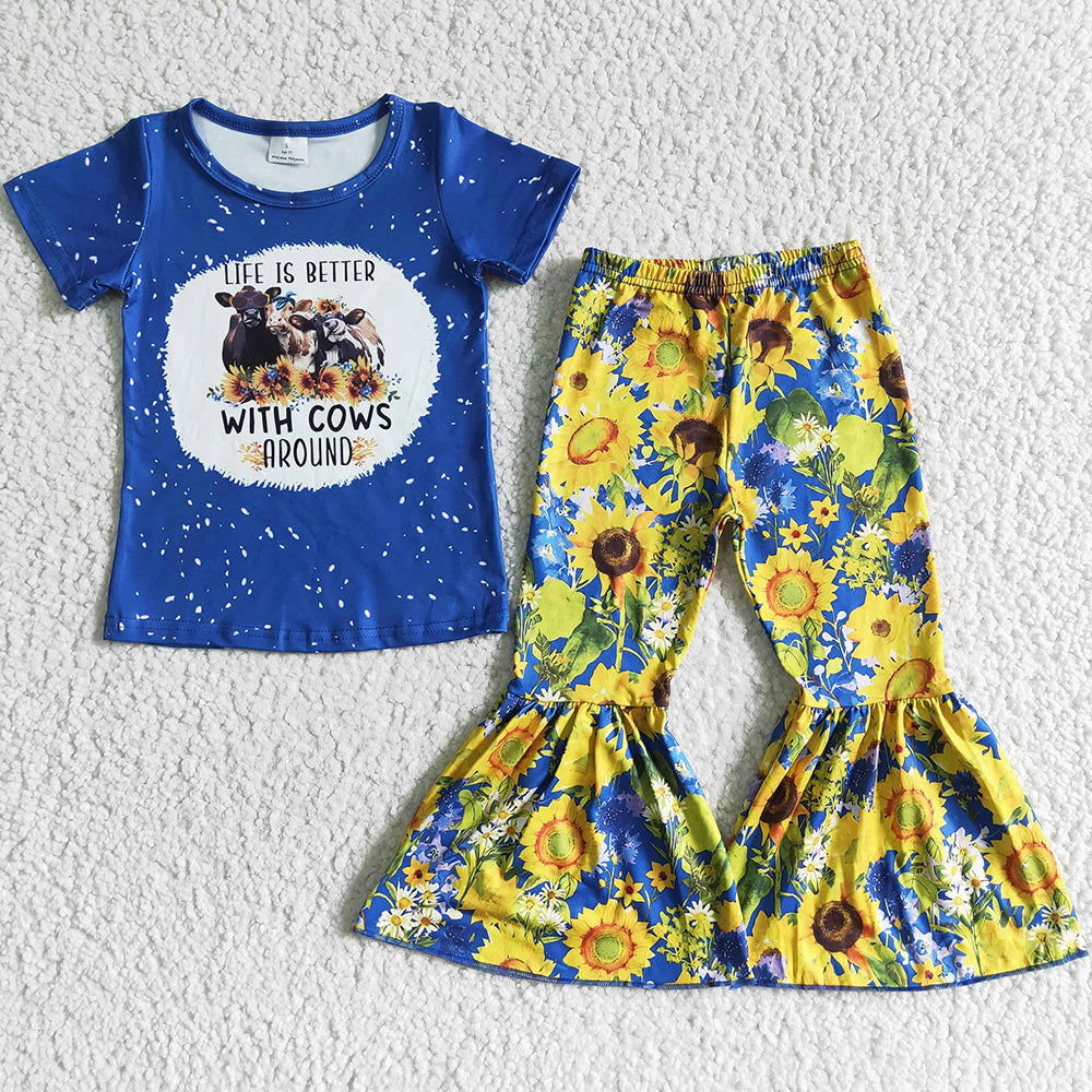 Hot Sale Baby Girls Clothes Bell Bottom Outfits Cow Print Fashion Girls Clothing Sunflower Cute Kids Clothing Set GSPO0071