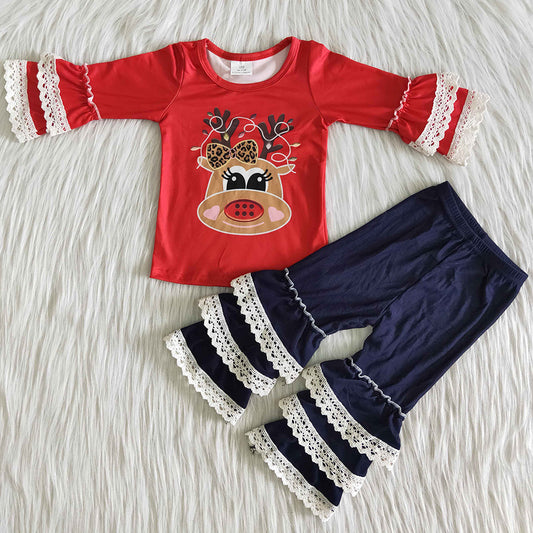 Boutique Baby Girl Clothes Set Deer Embroidery Cute Christmas Kids Girls Clothing Ruffle Pants Outfits 6 A14-27