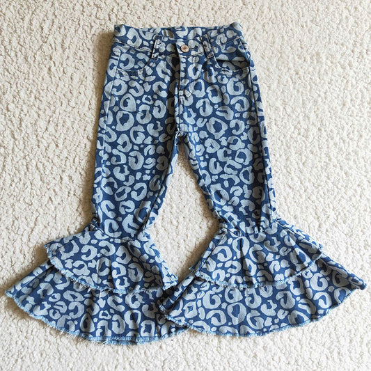 Hot Sale Girls Denim Pant Blue Leopard Fashion Baby Girls Jeans Bell Bottom Pants P0027