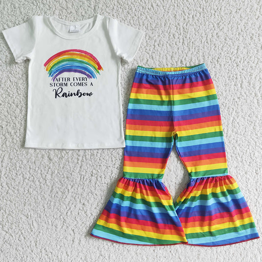 Boutique Baby Girl Clothes Short Sleeve Bell Bottom Outfits Rainbow Print Cute Kids Clothes Girls Set B14-3