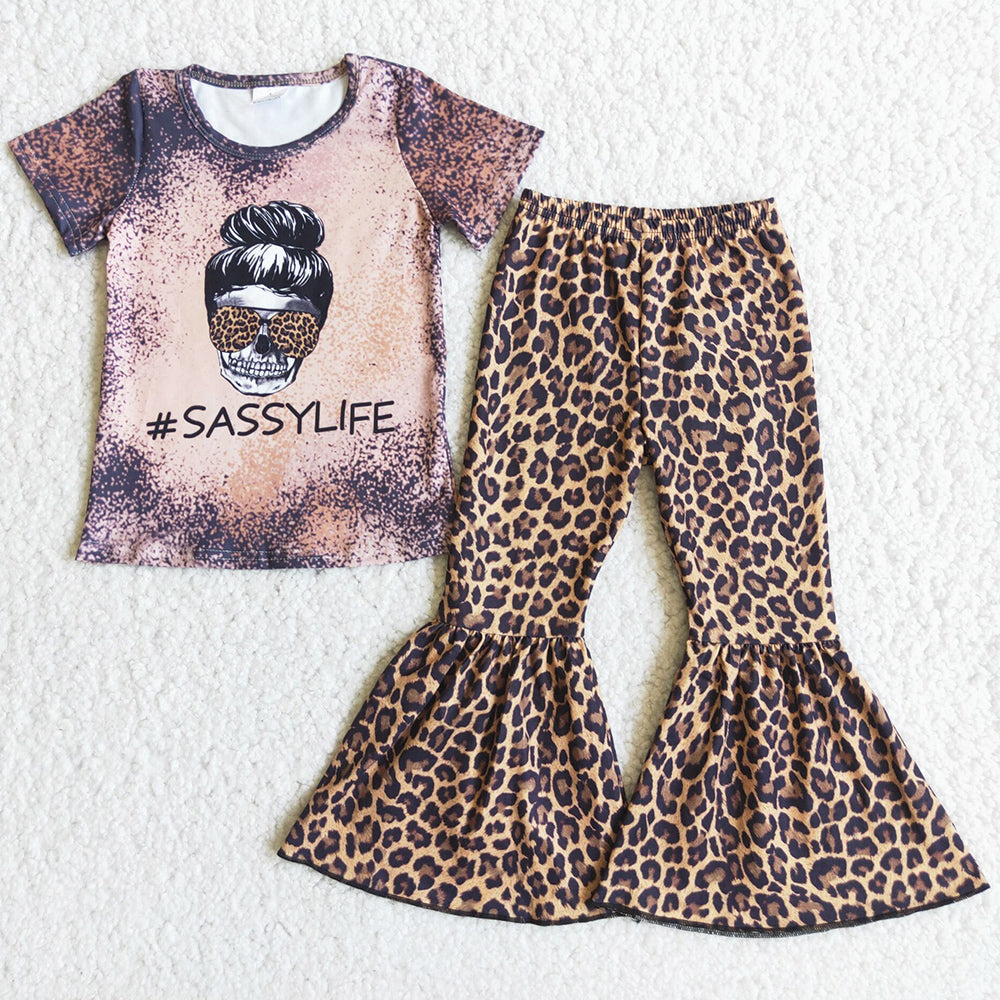 Kids Clothes Girl Leopard Bell Bottom Outfits Fashion Baby Girls Clothes Boutique Kids Set C3-22