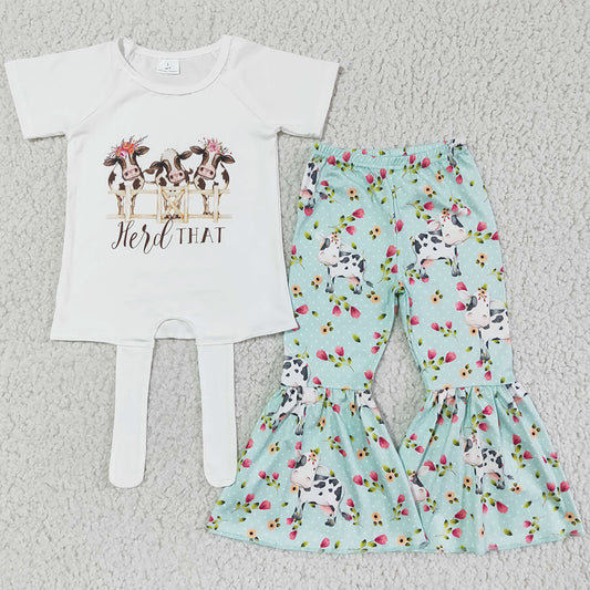 Cute Baby Girl Clothes Set Cow Flower Print Boutique Girls Clothing Short Sleeve Bell Bottom Outfits A12-15