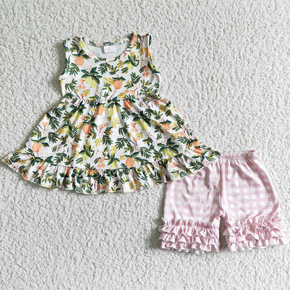 New Design Baby Girls Clothes Lemon Print Cute Girls Summer Clothing Set Boutique Kids Clothing Outfits GSSO0076