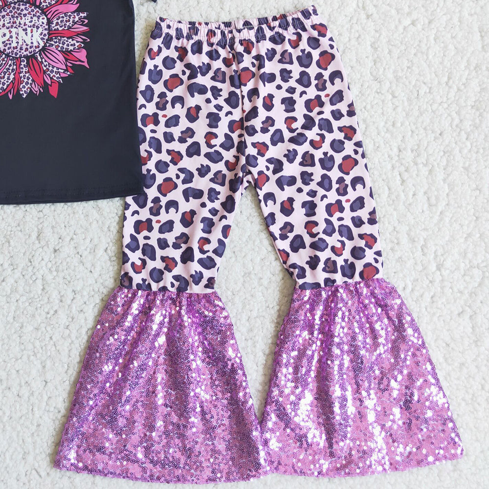 Hot Sale Kids Clothes Girls Sets Sunflower Fashion Baby Girl Clothes Sequins Bell Bottom Pants Outfit C4-21