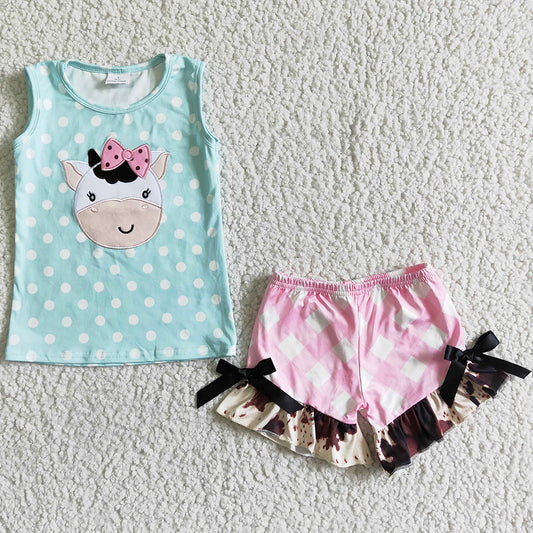 RTS Wholesale Baby Girl Clothes Set Cotton Cow Embroidery Boutique Toddler Girls Clothes Kids Summer Outfits Cute Girls Clothing GSSO0088