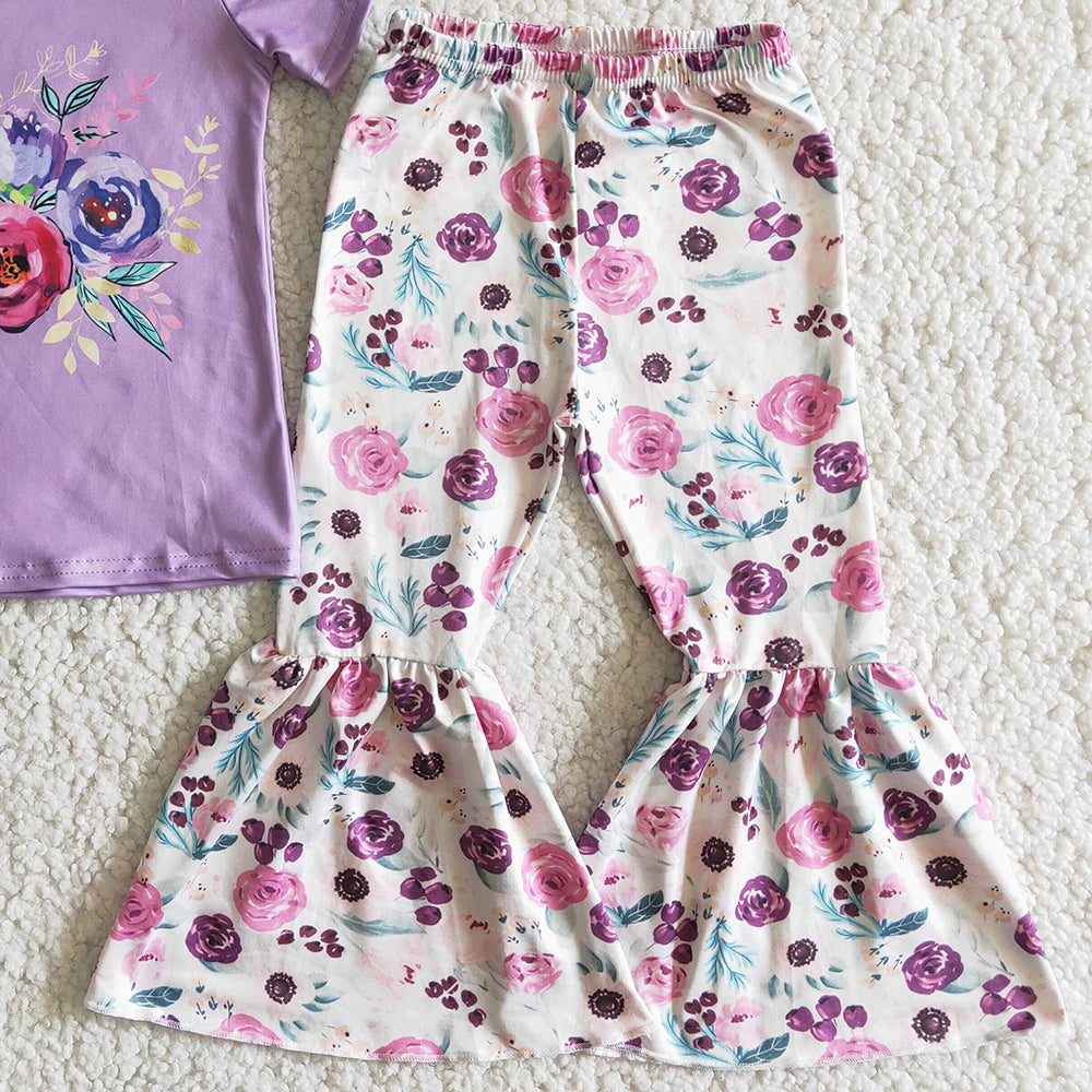 New Design Kids Designer Clothes Girls Bell Bottom Outfit Spring Flower Fashion Toddler Girls Clothes Boutique Children Clothing E7-3