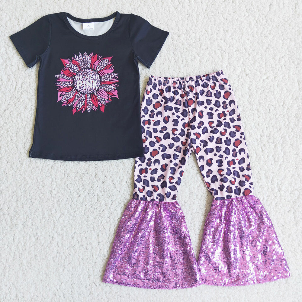 Hot Sale Kids Clothes Girls Sets Sunflower Fashion Baby Girl Clothes Sequins Bell Bottom Pants Outfit C4-21