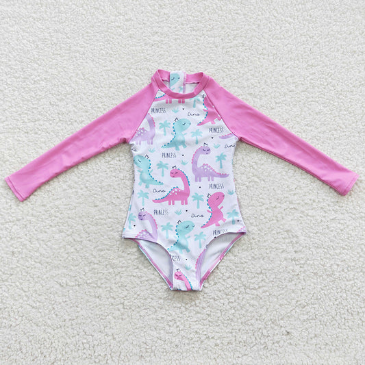 Baby Girls Swimsuits Pink Dinosaur Long Sleeve One Pieces Swimsuit S0076