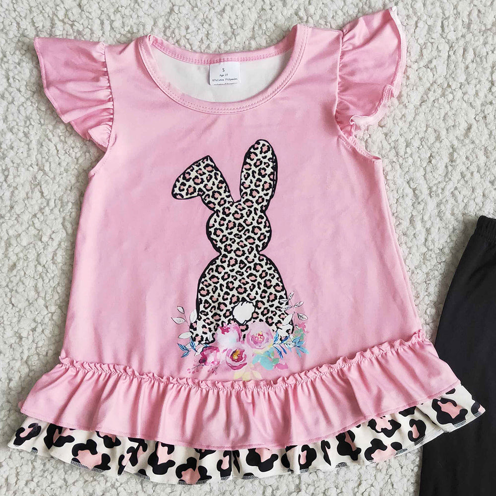 New Fashion Kids Designer Clothes Girl Outfits Easter Boutique Baby Girl Clothes Leopard Bunny Cute Kids Clothes Wholesale Sets