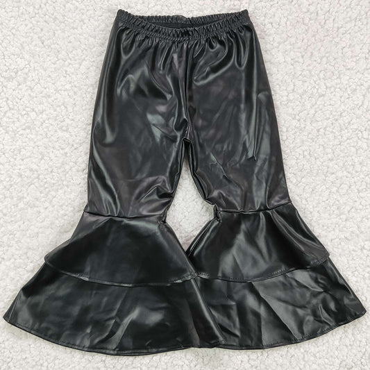 Fashion Girls Leather Pants Double Ruffle Baby Girls Bell Bottom Pants P0034