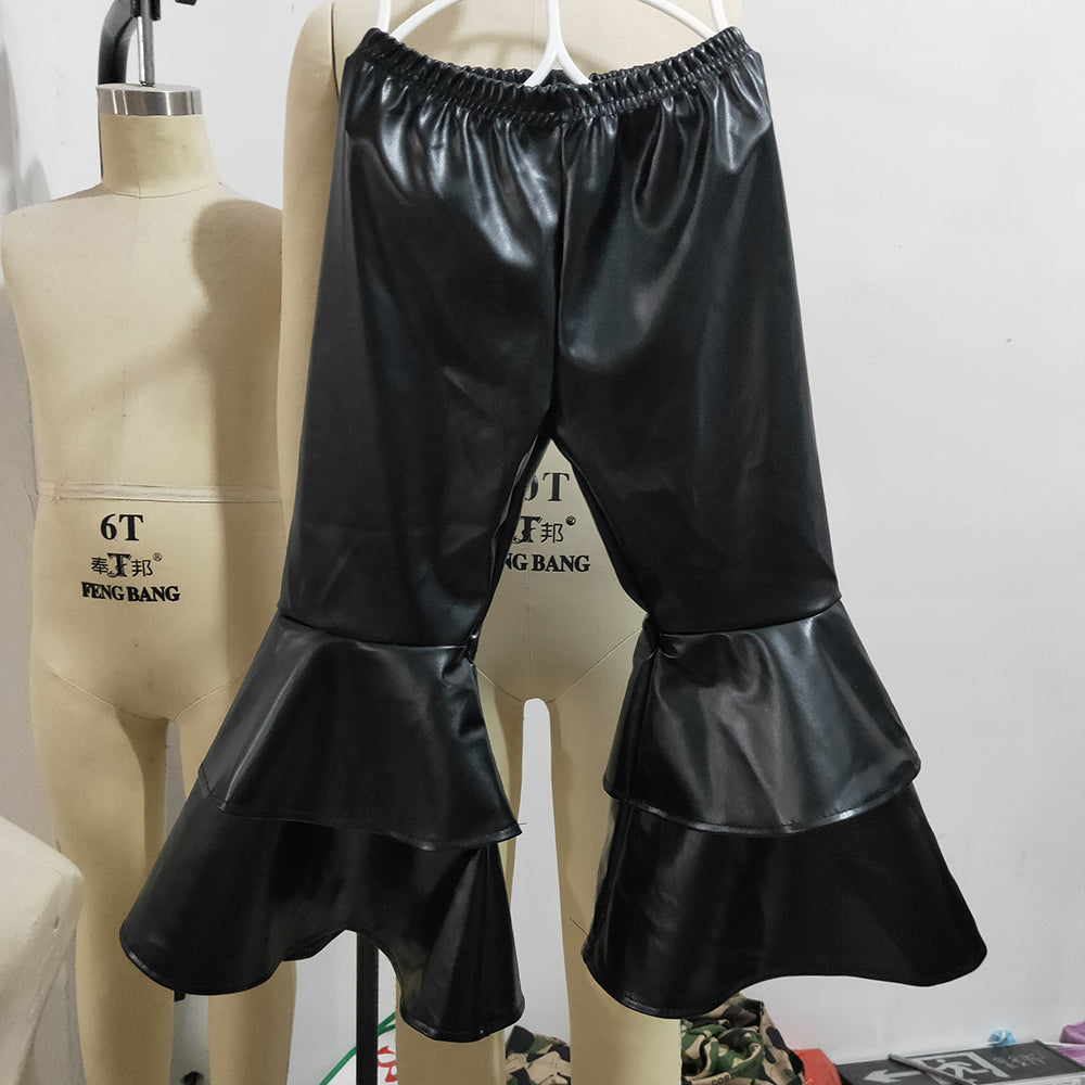 Fashion Girls Leather Pants Double Ruffle Baby Girls Bell Bottom Pants P0034