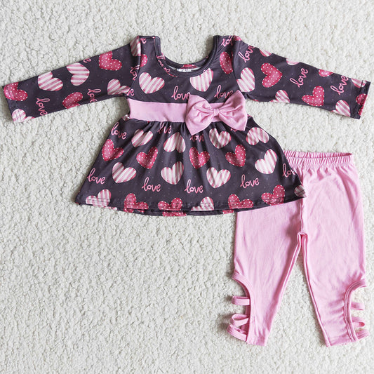 Love Heart Print Baby Girl Clothes Set Cute Valentine's Day Kids Girls Outfits 6 A26-29