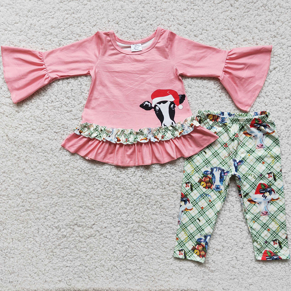 RTS Wholesale Baby Girls Clothes Cow Print Christmas Cute Girls Kids Boutique Clothing Set 6 C10-30