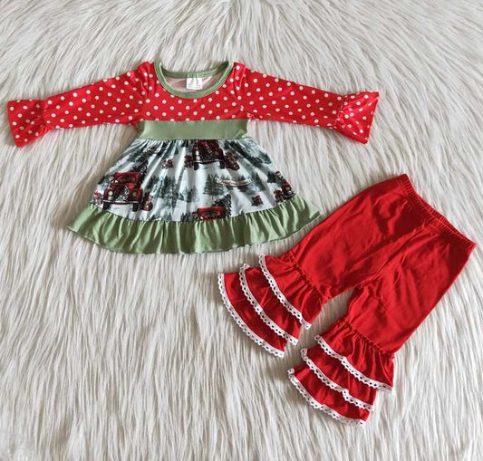 Toddler Girls Clothes Set Christmas Tree Car Print Cute Baby Girls Clothing Tunic Top Pants Kids Boutique Outfits 6 B5-16