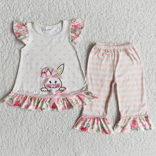 Baby Girl Clothes Flutter Sleeve Bunny Embroidered Easter Girls Boutique Clothing Capris 2Pcs Boutique Outfit Wholesale