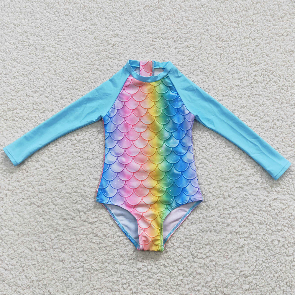 Baby Girls Swimsuits Mermaid Scales Long Sleeve One Pieces Swimsuit S0075