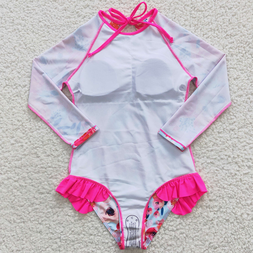 Baby Girls Swimsuits Pink Flowers Long Sleeve One Pieces Swimsuit S0083