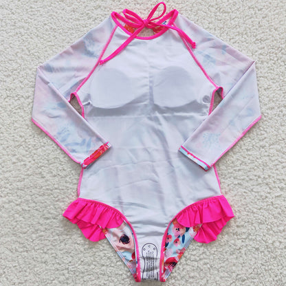 Baby Girls Swimsuits Pink Flowers Long Sleeve One Pieces Swimsuit S0083