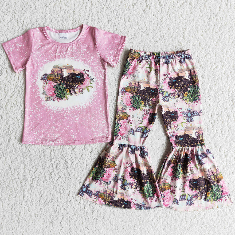 New Arrival Girls Clothing Bell Bottom Outfits Flower Cow Printed Kids Clothes Girls Spring Set E12-15