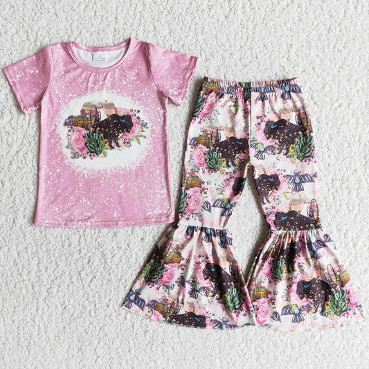 New Arrival Girls Clothing Bell Bottom Outfits Flower Cow Printed Kids Clothes Girls Spring Set E12-15